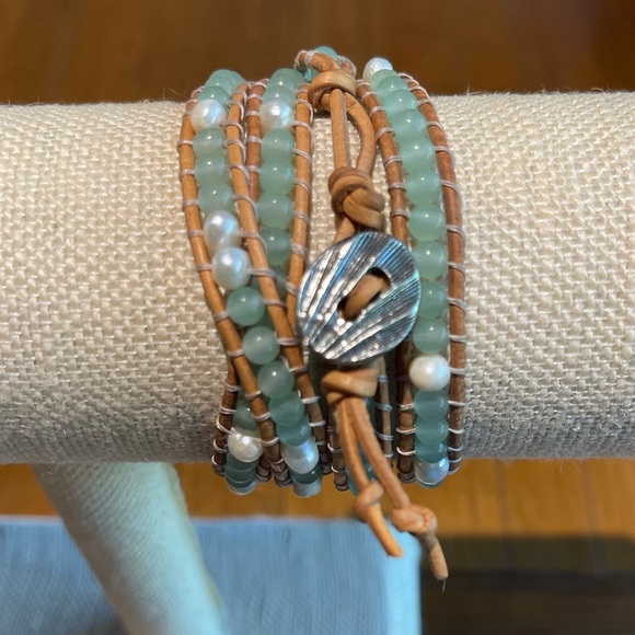 Handmade by me, leather, amazonite and freshwater Pearl ladder-wrap bracelet. - Picture 1 of 3